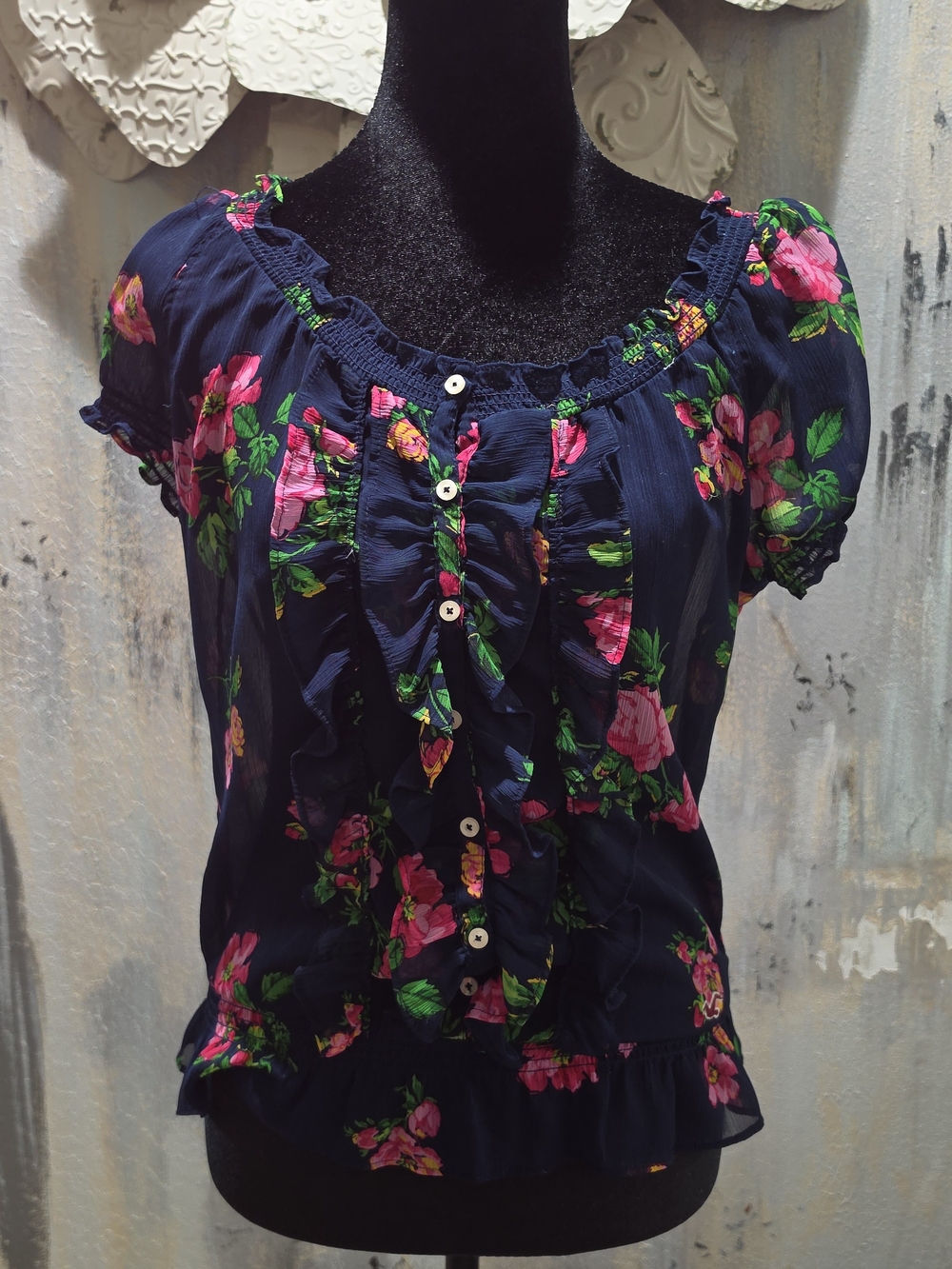 Hollister Navy Floral Ruffle Button Blouse with Pink & Green Print Short Sleeve